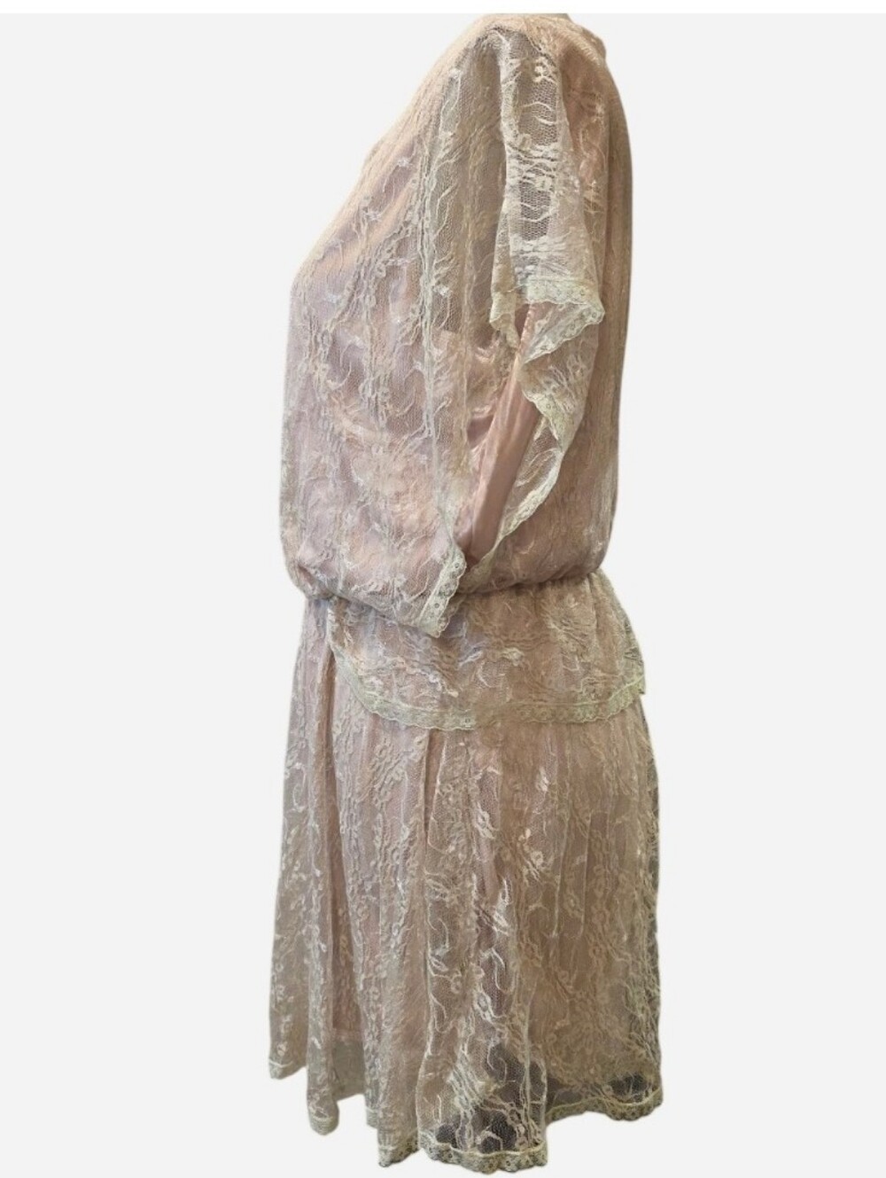 VTG 60s/70s Era. Cream Mini Dress w/ Sheer Lace Overlay. Sz Small - Picture 3 of 8